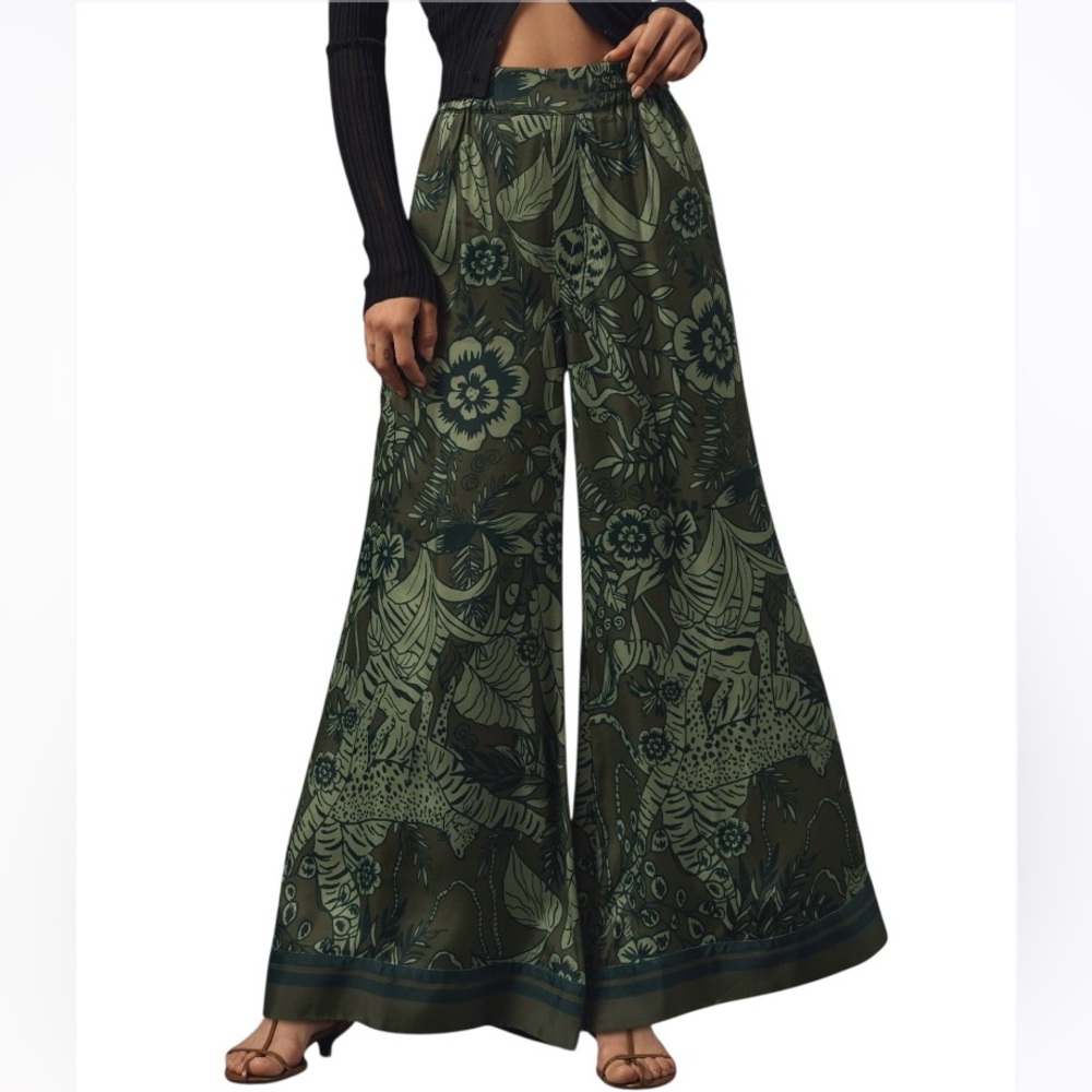 Farm Rio x Anthropologie Black and Green Print Wide-Leg Cut Pants Size Small - Picture 5 of 16